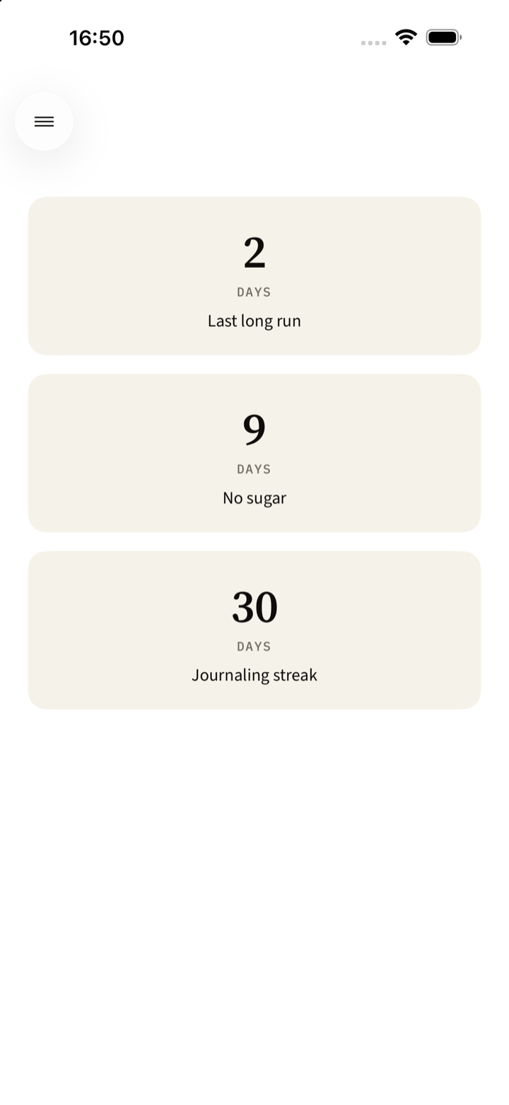 Merga counters: 2 days since the last long run, 9 days no sugar, a 30-day journaling streak